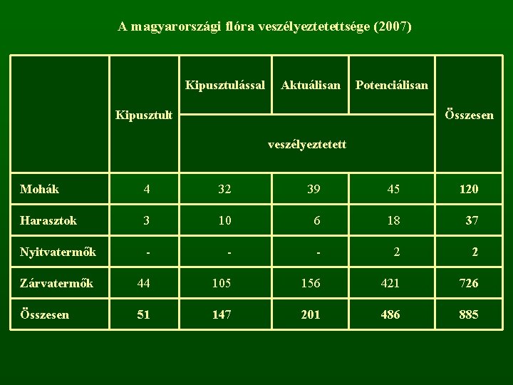 A magyarországi flóra veszélyeztetettsége (2007) Kipusztulással Aktuálisan Potenciálisan Kipusztult Összesen veszélyeztetett Mohák 4 32