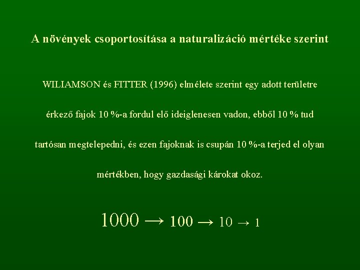 A növények csoportosítása a naturalizáció mértéke szerint WILIAMSON és FITTER (1996) elmélete szerint egy