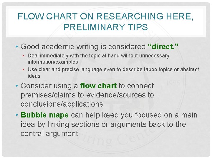 FLOW CHART ON RESEARCHING HERE, PRELIMINARY TIPS • Good academic writing is considered “direct.
