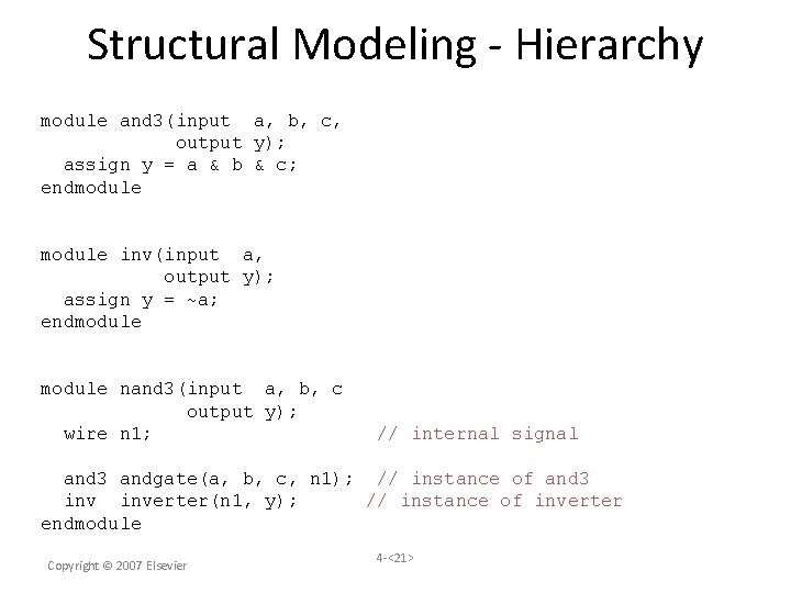 Structural Modeling - Hierarchy module and 3(input a, b, c, output y); assign y