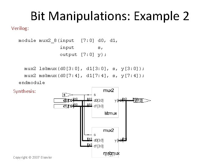 Bit Manipulations: Example 2 Verilog: module mux 2_8(input [7: 0] d 0, d 1,