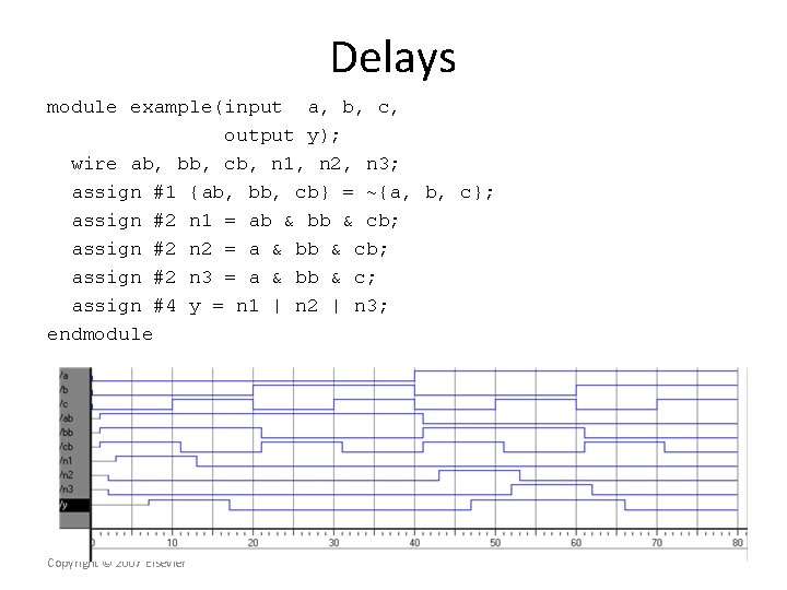 Delays module example(input a, b, c, output y); wire ab, bb, cb, n 1,