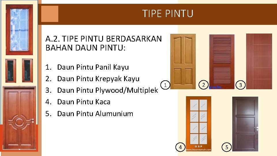 TIPE PINTU A. 2. TIPE PINTU BERDASARKAN BAHAN DAUN PINTU: 1. 2. 3. 4.