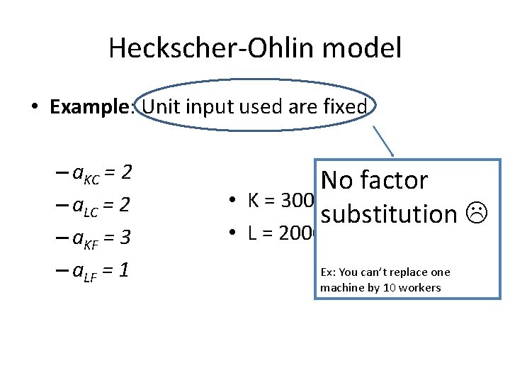 Heckscher-Ohlin model • Example: Unit input used are fixed – a. KC = 2