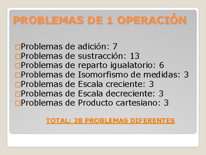 PROBLEMAS DE 1 OPERACIÓN �Problemas �Problemas de de adición: 7 sustracción: 13 reparto igualatorio: