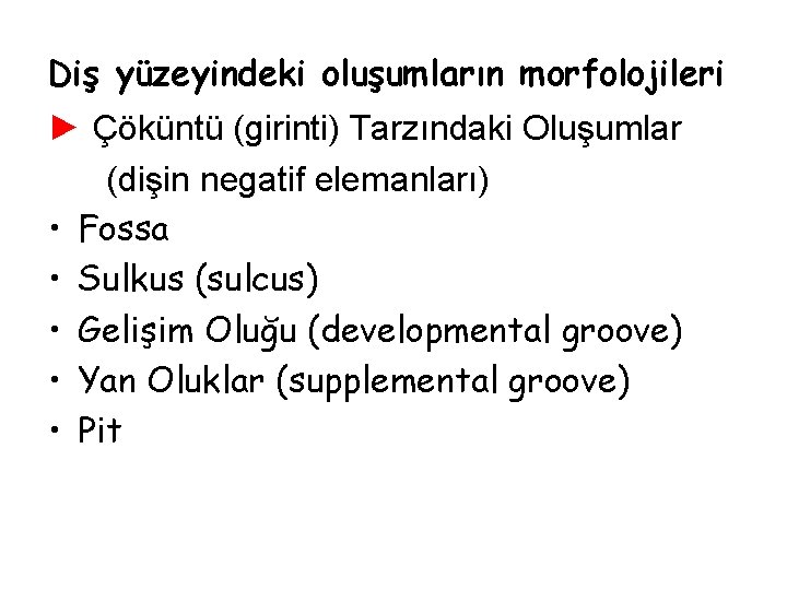 Diş yüzeyindeki oluşumların morfolojileri ► Çöküntü (girinti) Tarzındaki Oluşumlar (dişin negatif elemanları) • Fossa Diş yüzeyindeki oluşumların morfolojileri ► Çöküntü (girinti) Tarzındaki Oluşumlar (dişin negatif elemanları) • Fossa