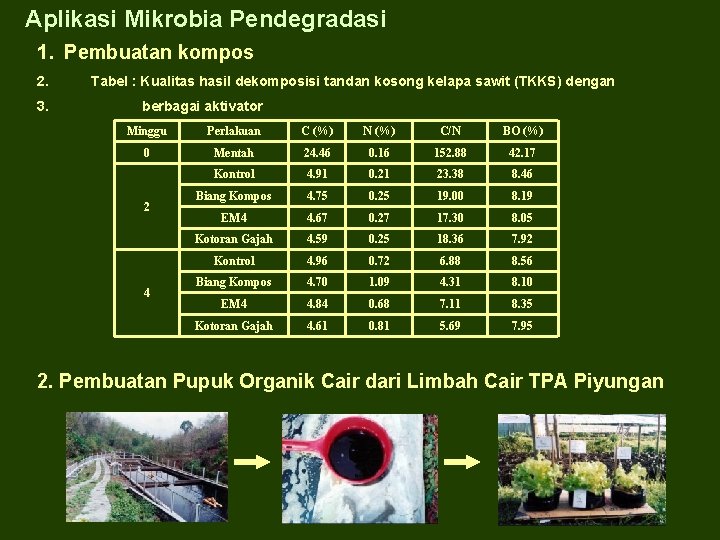 Aplikasi Mikrobia Pendegradasi 1. Pembuatan kompos 2. 3. Tabel : Kualitas hasil dekomposisi tandan Aplikasi Mikrobia Pendegradasi 1. Pembuatan kompos 2. 3. Tabel : Kualitas hasil dekomposisi tandan