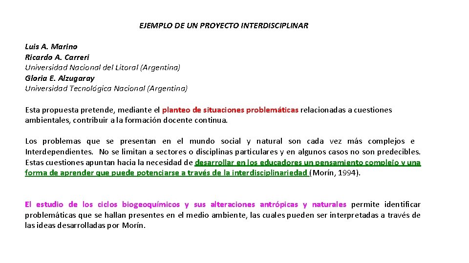 EJEMPLO DE UN PROYECTO INTERDISCIPLINAR Luis A. Marino Ricardo A. Carreri Universidad Nacional del