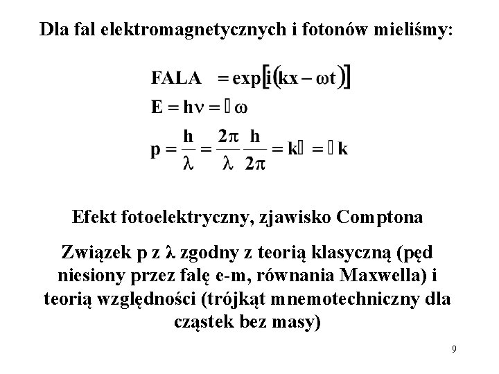 Dla fal elektromagnetycznych i fotonów mieliśmy: Efekt fotoelektryczny, zjawisko Comptona Związek p z λ