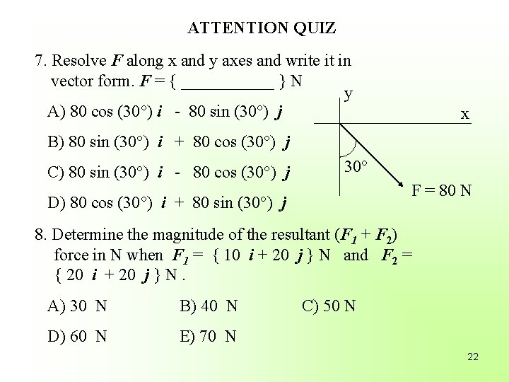 ATTENTION QUIZ 7. Resolve F along x and y axes and write it in