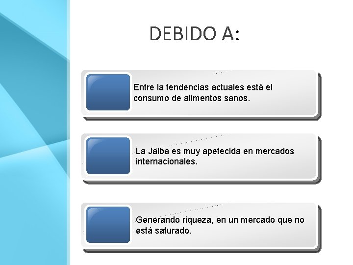 DEBIDO A: Entre la tendencias actuales está el consumo de alimentos sanos. La Jaiba