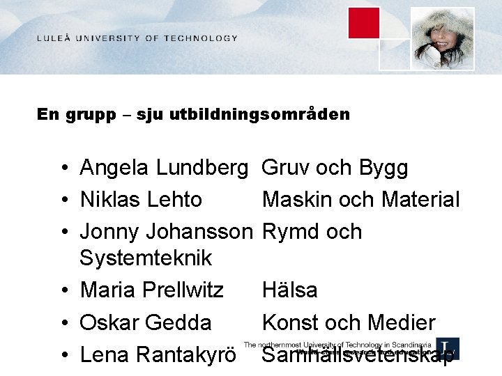 En grupp – sju utbildningsområden • Angela Lundberg • Niklas Lehto • Jonny Johansson