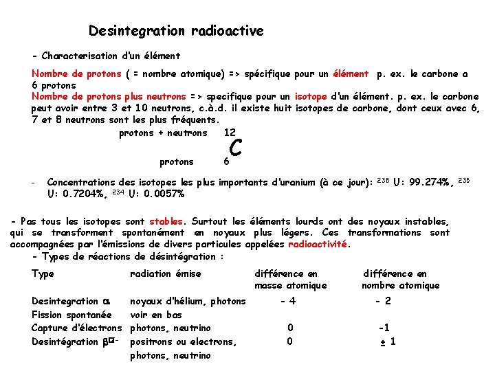 Desintegration radioactive - Characterisation d‘un élément Nombre de protons ( = nombre atomique) =>