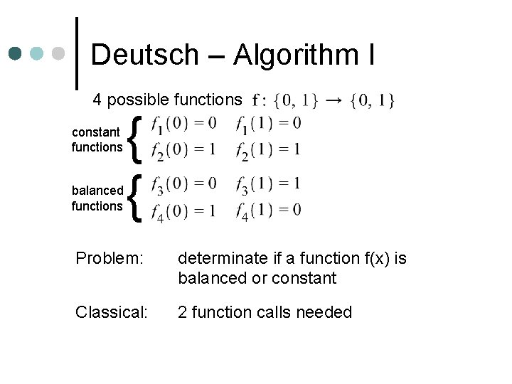 Deutsch – Algorithm I 4 possible functions constant functions balanced functions { { Problem: