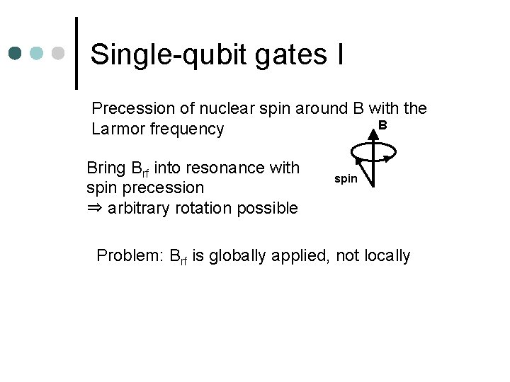 Single-qubit gates I Precession of nuclear spin around B with the B Larmor frequency