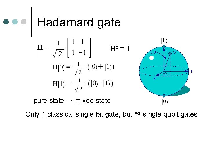 Hadamard gate H² = 1 pure state → mixed state Only 1 classical single-bit