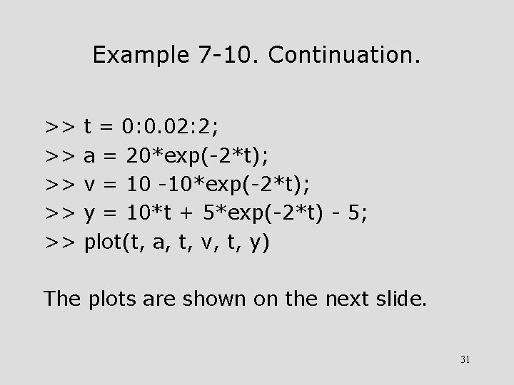 Example 7 -10. Continuation. >> >> >> t = 0: 0. 02: 2; a