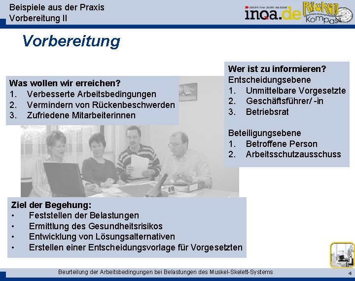 Beispiele aus der Praxis Vorbereitung II Vorbereitung Was wollen wir erreichen? 1. Verbesserte Arbeitsbedingungen