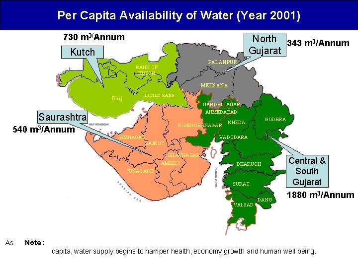 Per Capita Availability of Water (Year 2001) 730 m 3/Annum North 343 m 3/Annum