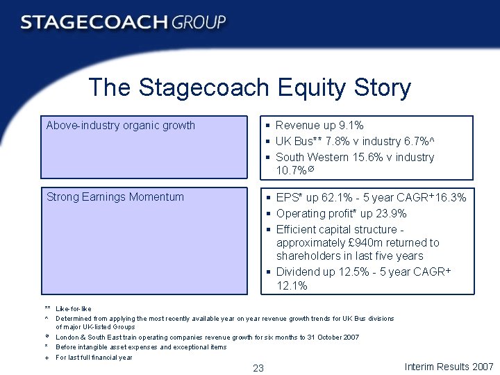 The Stagecoach Equity Story Above-industry organic growth § Revenue up 9. 1% § UK