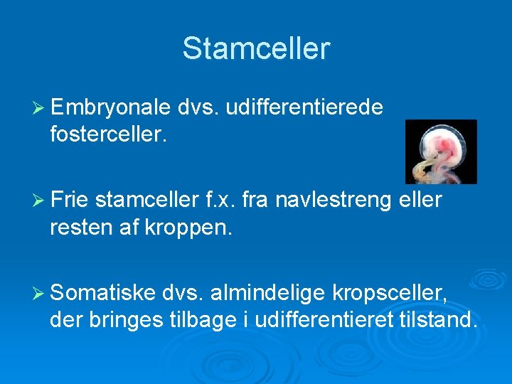 Stamceller Ø Embryonale dvs. udifferentierede fosterceller. Ø Frie stamceller f. x. fra navlestreng eller