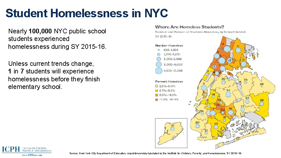 Student Homelessness in NYC Nearly 100, 000 NYC public school students experienced homelessness during