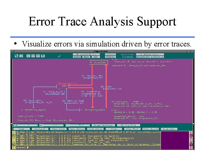 Error Trace Analysis Support • Visualize errors via simulation driven by error traces. 