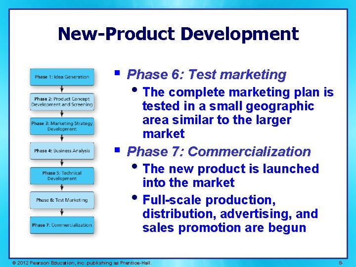 New-Product Development § Phase 6: Test marketing • The complete marketing plan is tested