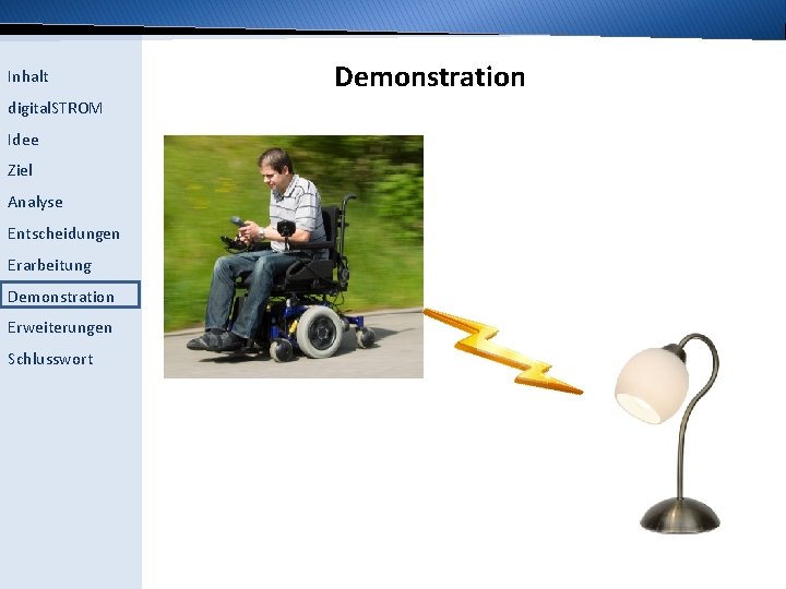 Inhalt digital. STROM Idee Ziel Analyse Entscheidungen Erarbeitung Demonstration Erweiterungen Schlusswort Demonstration 