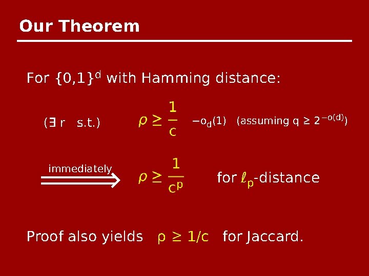 Our Theorem For {0, 1}d with Hamming distance: (∃ r s. t. ) immediately