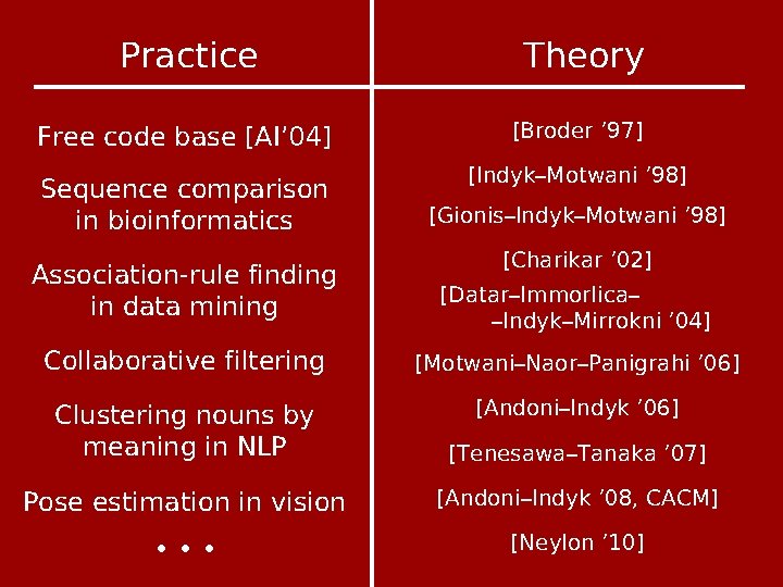 Practice Theory Free code base [AI’ 04] [Broder ’ 97] Sequence comparison in bioinformatics