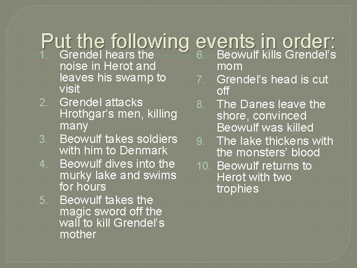 Put the following events in order: 6. Beowulf kills Grendel’s 1. Grendel hears the