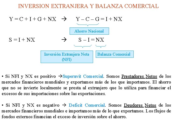 INVERSION EXTRANJERA Y BALANZA COMERCIAL Y = C + I + G + NX