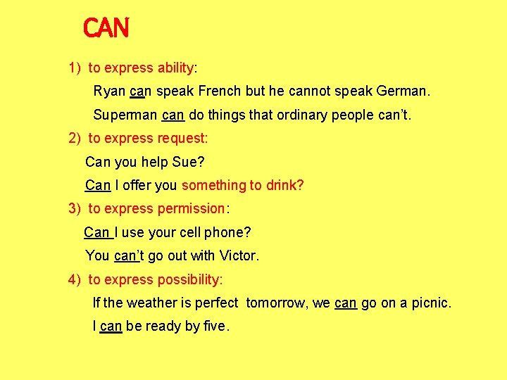 CAN 1) to express ability: Ryan can speak French but he cannot speak German.