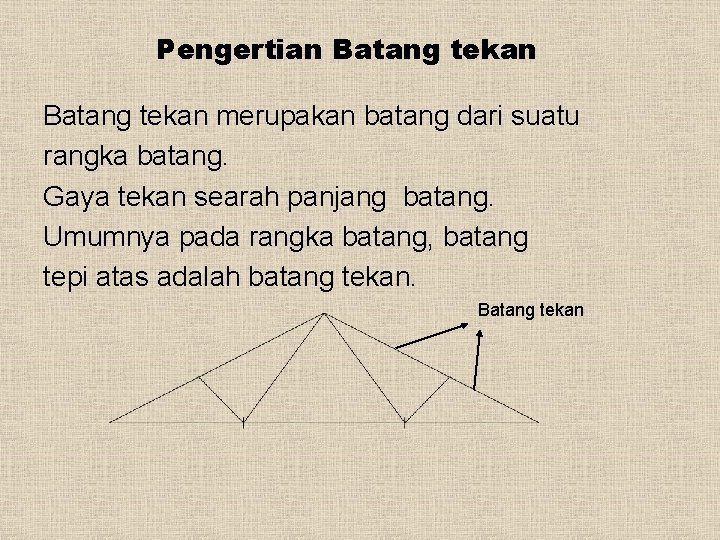 Pengertian Batang tekan merupakan batang dari suatu rangka batang. Gaya tekan searah panjang batang.