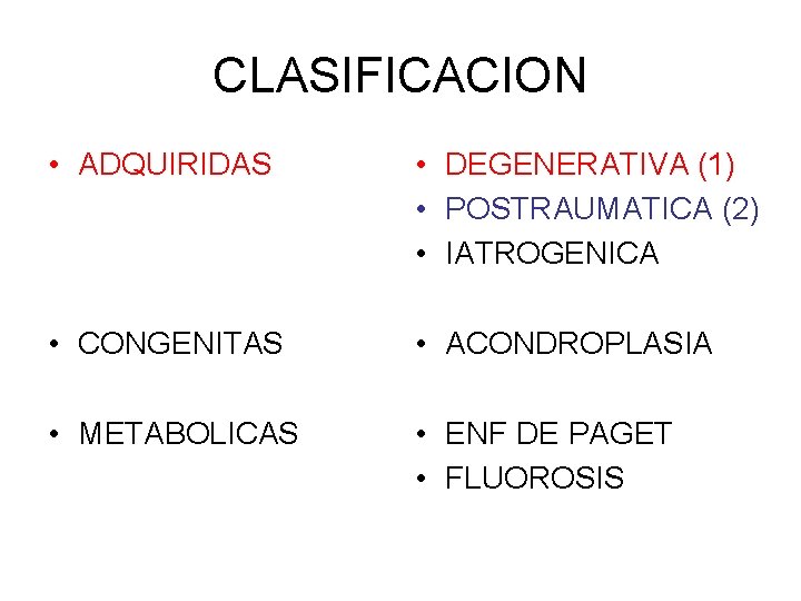 CLASIFICACION • ADQUIRIDAS • DEGENERATIVA (1) • POSTRAUMATICA (2) • IATROGENICA • CONGENITAS •