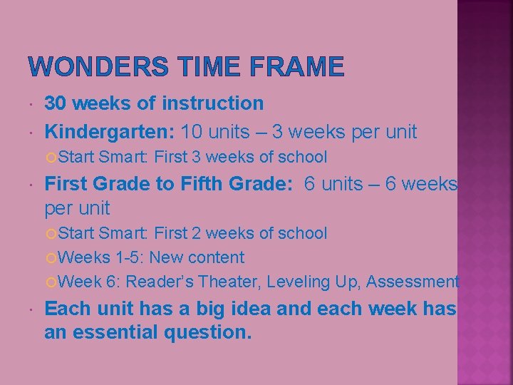 WONDERS TIME FRAME 30 weeks of instruction Kindergarten: 10 units – 3 weeks per