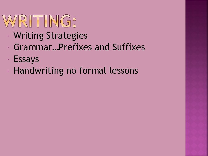  Writing Strategies Grammar…Prefixes and Suffixes Essays Handwriting no formal lessons 