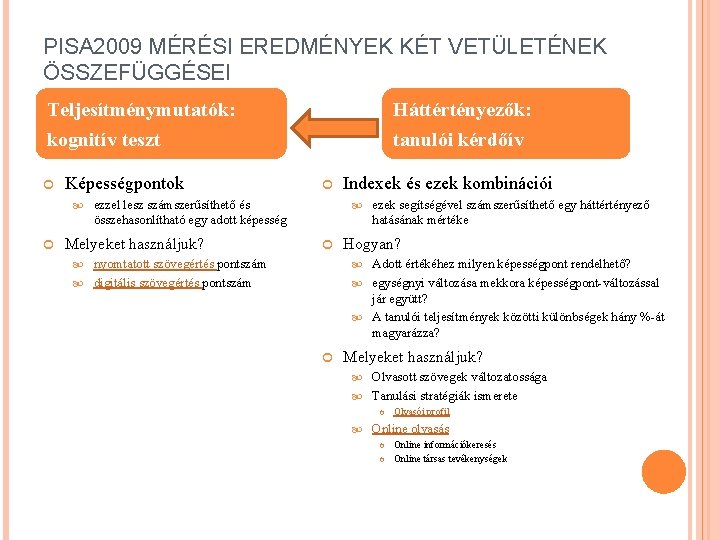 PISA 2009 MÉRÉSI EREDMÉNYEK KÉT VETÜLETÉNEK ÖSSZEFÜGGÉSEI Teljesítménymutatók: Háttértényezők: kognitív teszt tanulói kérdőív Képességpontok