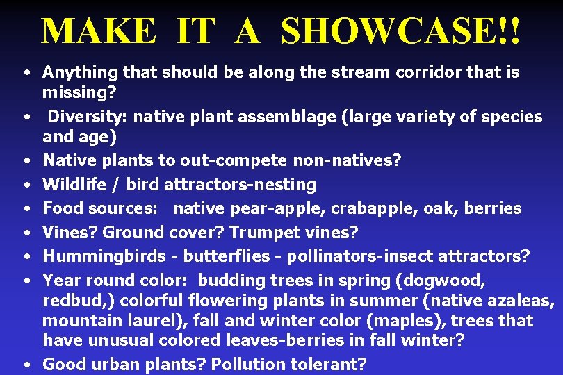 MAKE IT A SHOWCASE!! • Anything that should be along the stream corridor that