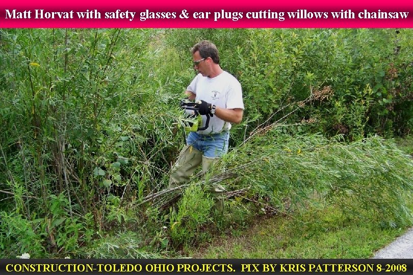 Matt Horvat with safety glasses & ear plugs cutting willows with chainsaw CONSTRUCTION-TOLEDO OHIO