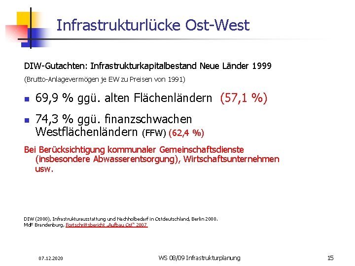Infrastrukturlücke Ost-West DIW-Gutachten: Infrastrukturkapitalbestand Neue Länder 1999 (Brutto-Anlagevermögen je EW zu Preisen von 1991)