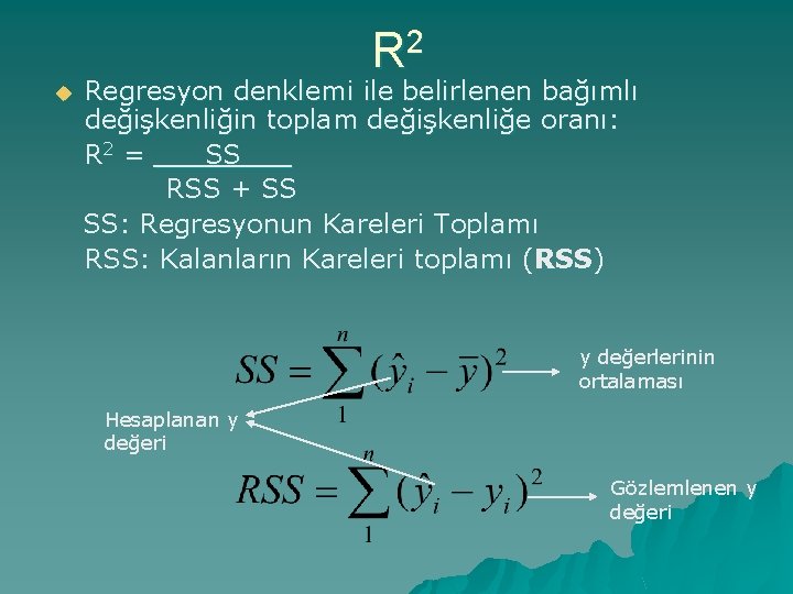 R 2 u Regresyon denklemi ile belirlenen bağımlı değişkenliğin toplam değişkenliğe oranı: R 2