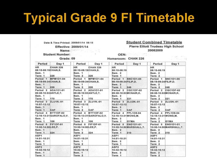 Typical Grade 9 FI Timetable 