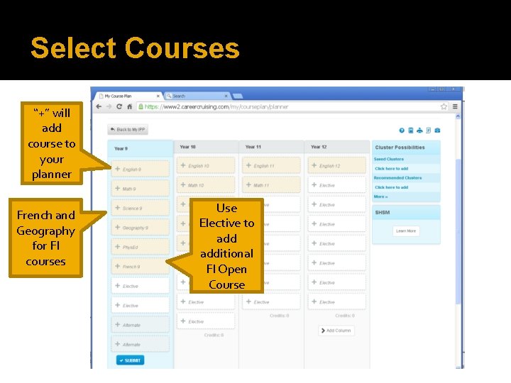 Select Courses “+” will add course to your planner French and Geography for FI