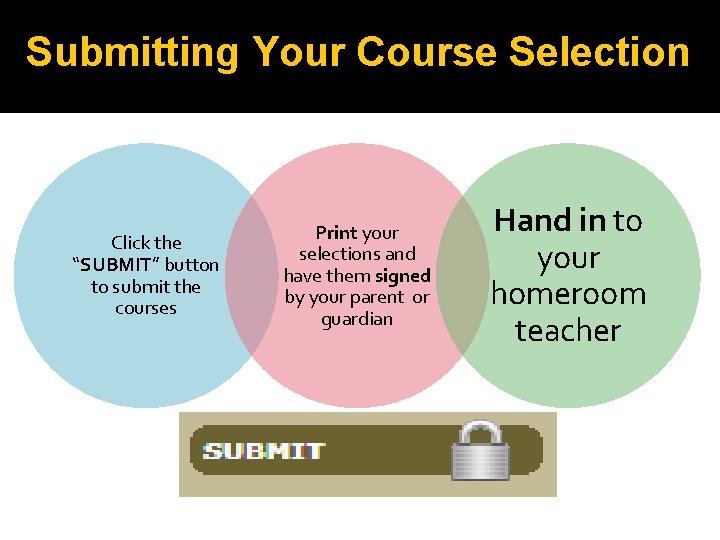 Submitting Your Course Selection Click the “SUBMIT” button to submit the courses Print your