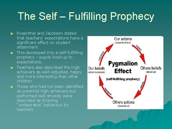 The Self – Fulfilling Prophecy u u Rosenthal and Jacobson stated that teachers’ expectations The Self – Fulfilling Prophecy u u Rosenthal and Jacobson stated that teachers’ expectations