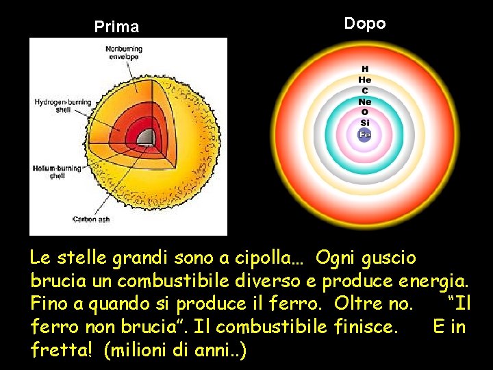 Prima Dopo Le stelle grandi sono a cipolla… Ogni guscio brucia un combustibile diverso