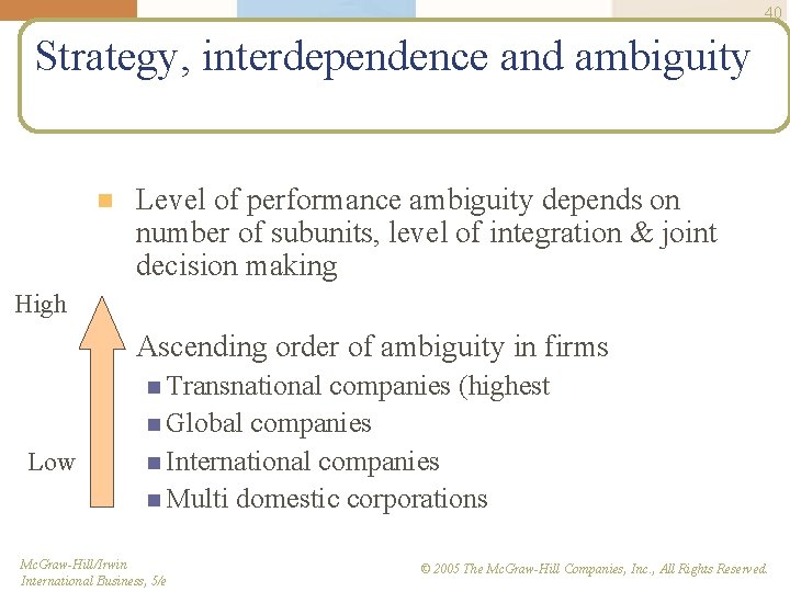 40 Strategy, interdependence and ambiguity n Level of performance ambiguity depends on number of