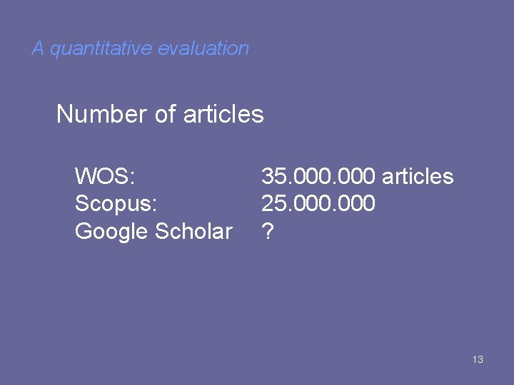 A quantitative evaluation Number of articles WOS: Scopus: Google Scholar 35. 000 articles 25.